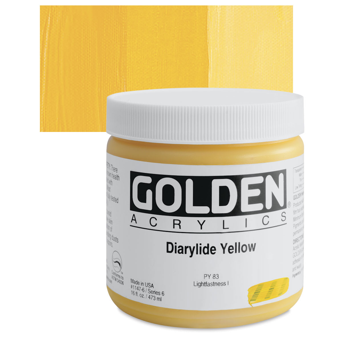 Golden Heavy Body Artist Acrylic - Diarylide Yellow, 16 oz Jar and swatch