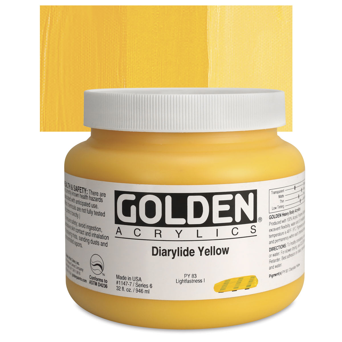 Golden Heavy Body Artist Acrylic - Diarylide Yellow, 32 oz Jar and swatch