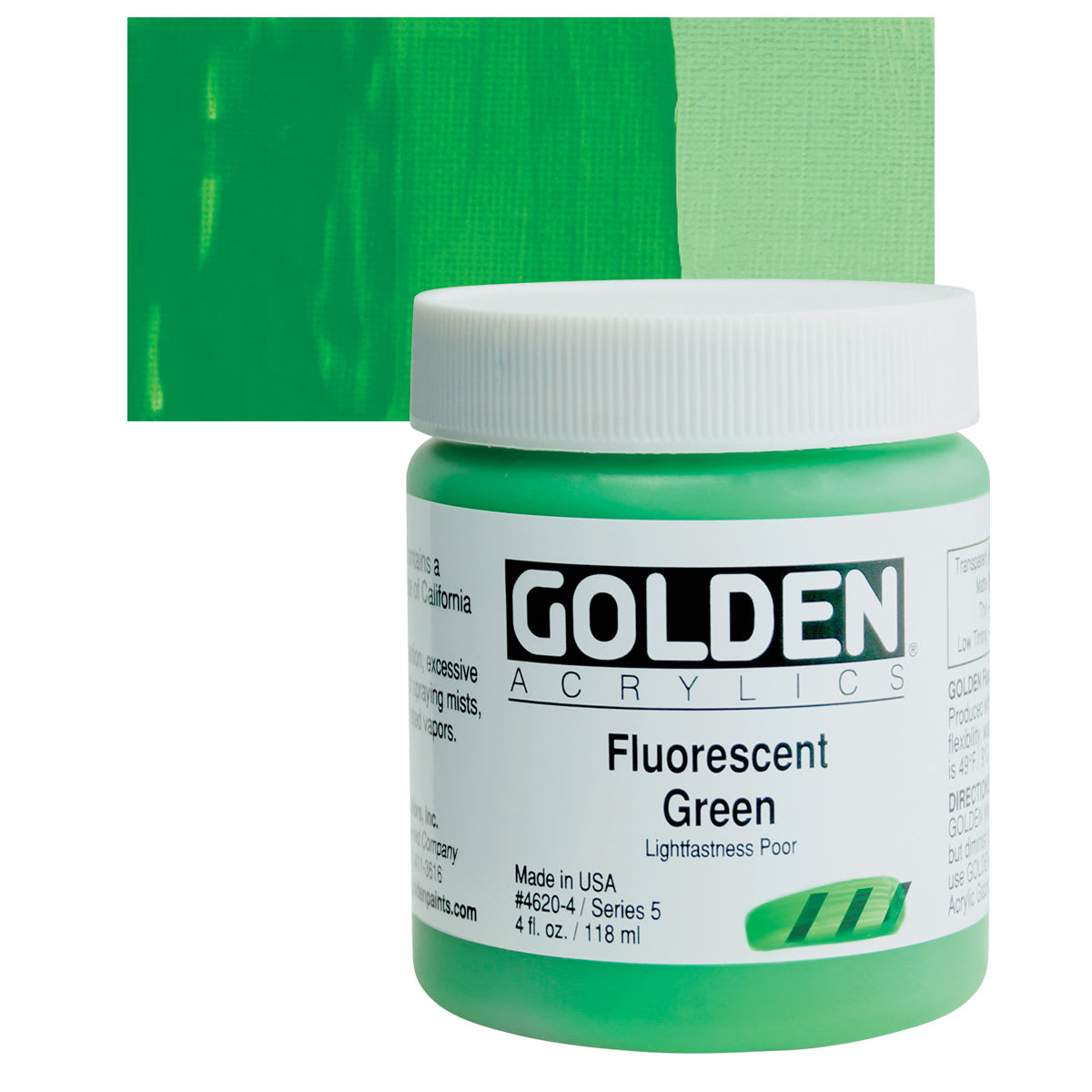 Golden Heavy Body Artist Acrylic - Fluorescent Green, 4 oz Jar and swatch