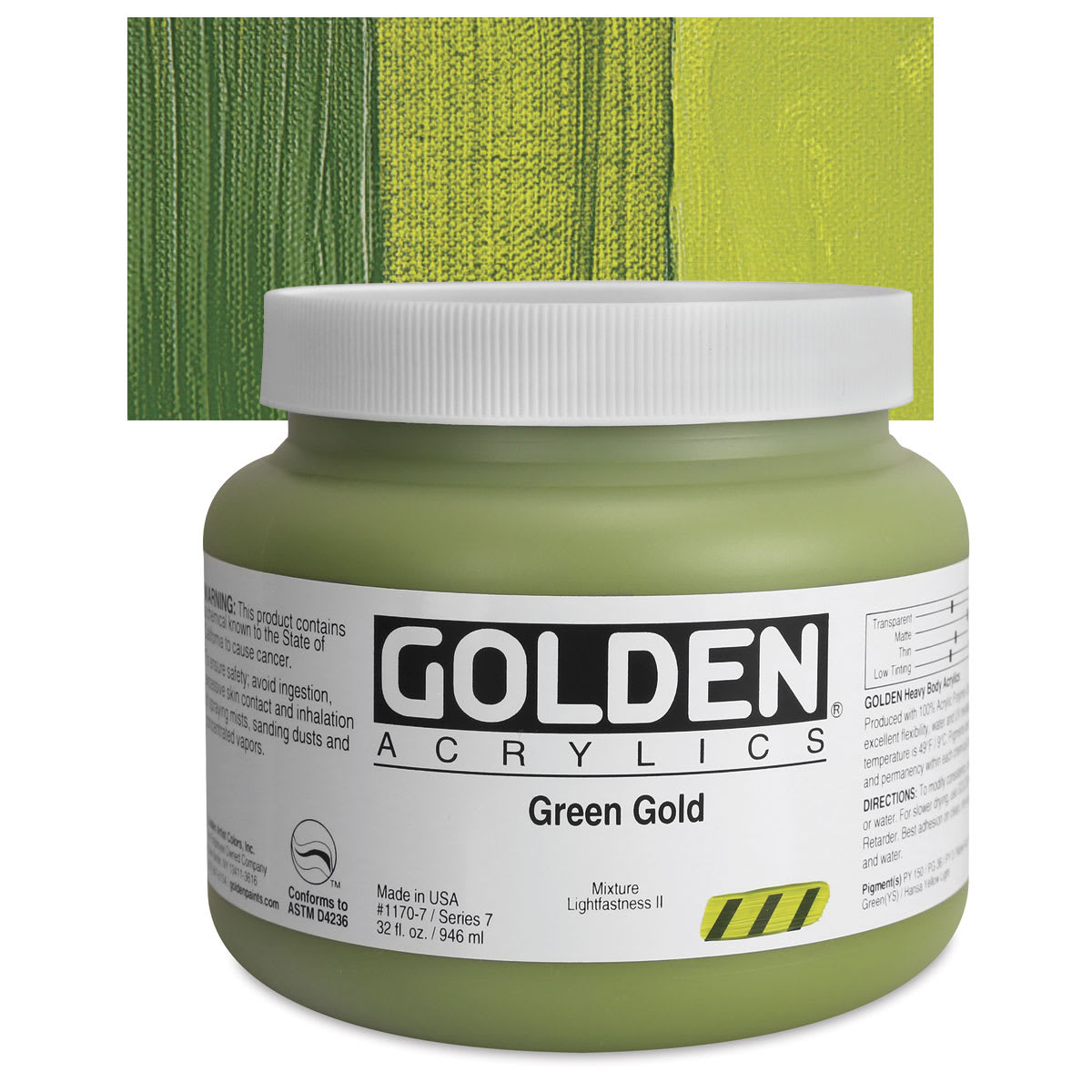 Golden Heavy Body Artist Acrylic - Green Gold, 32 oz Jar and swatch