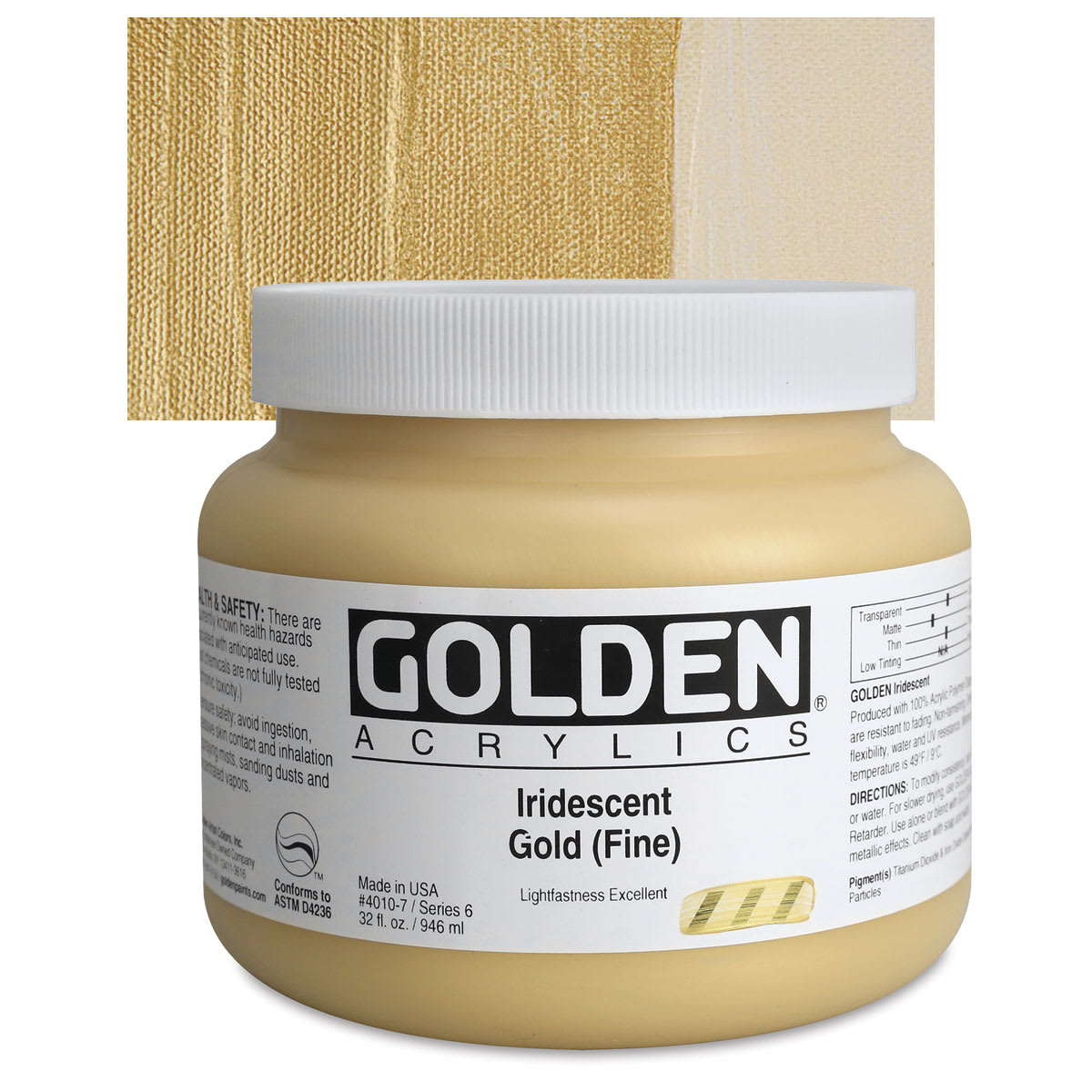 Golden Heavy Body Artist Acrylic - Iridescent Gold (Fine), 32 oz Jar and swatch