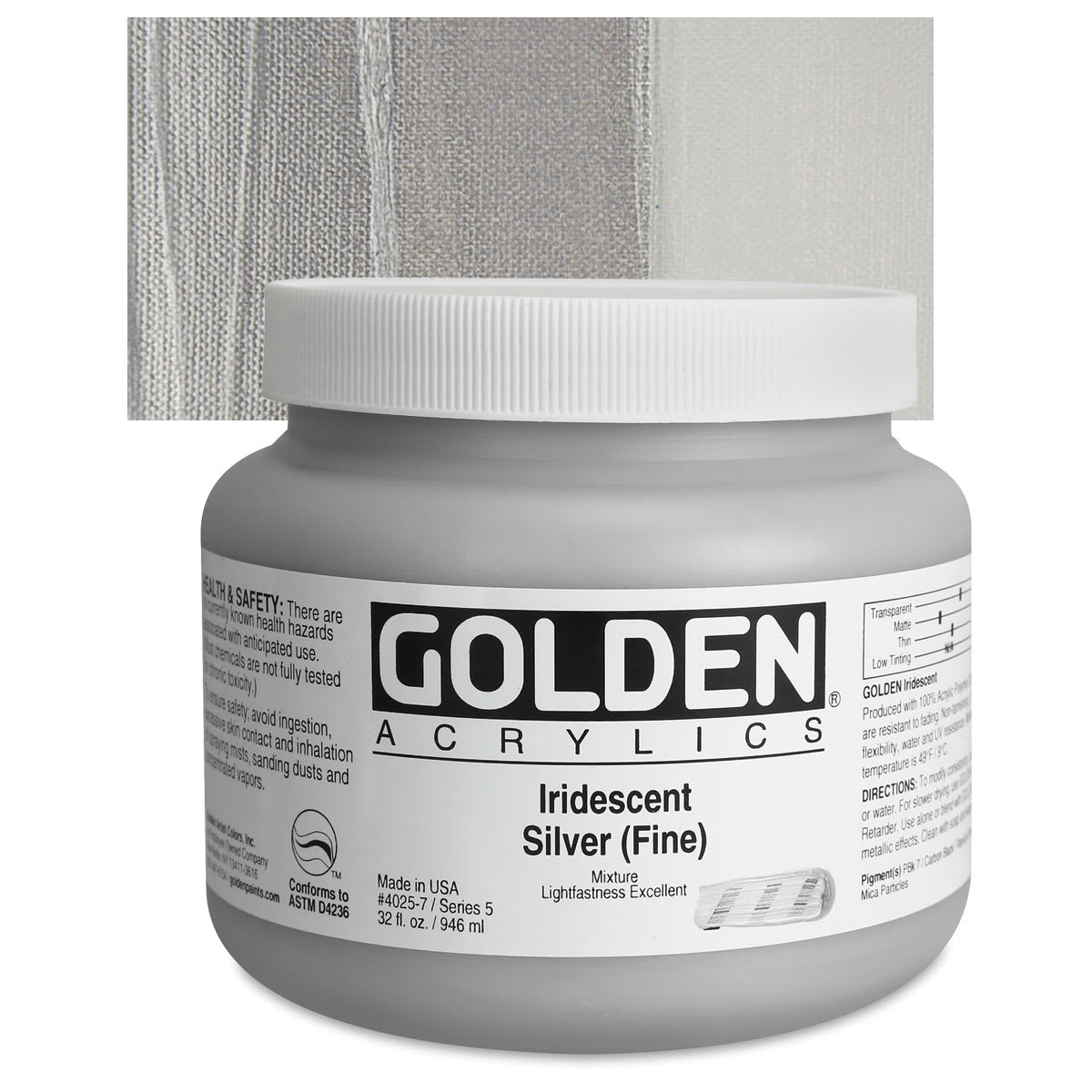 Golden Heavy Body Artist Acrylic - Iridescent Silver (Fine), 32 oz Jar and swatch