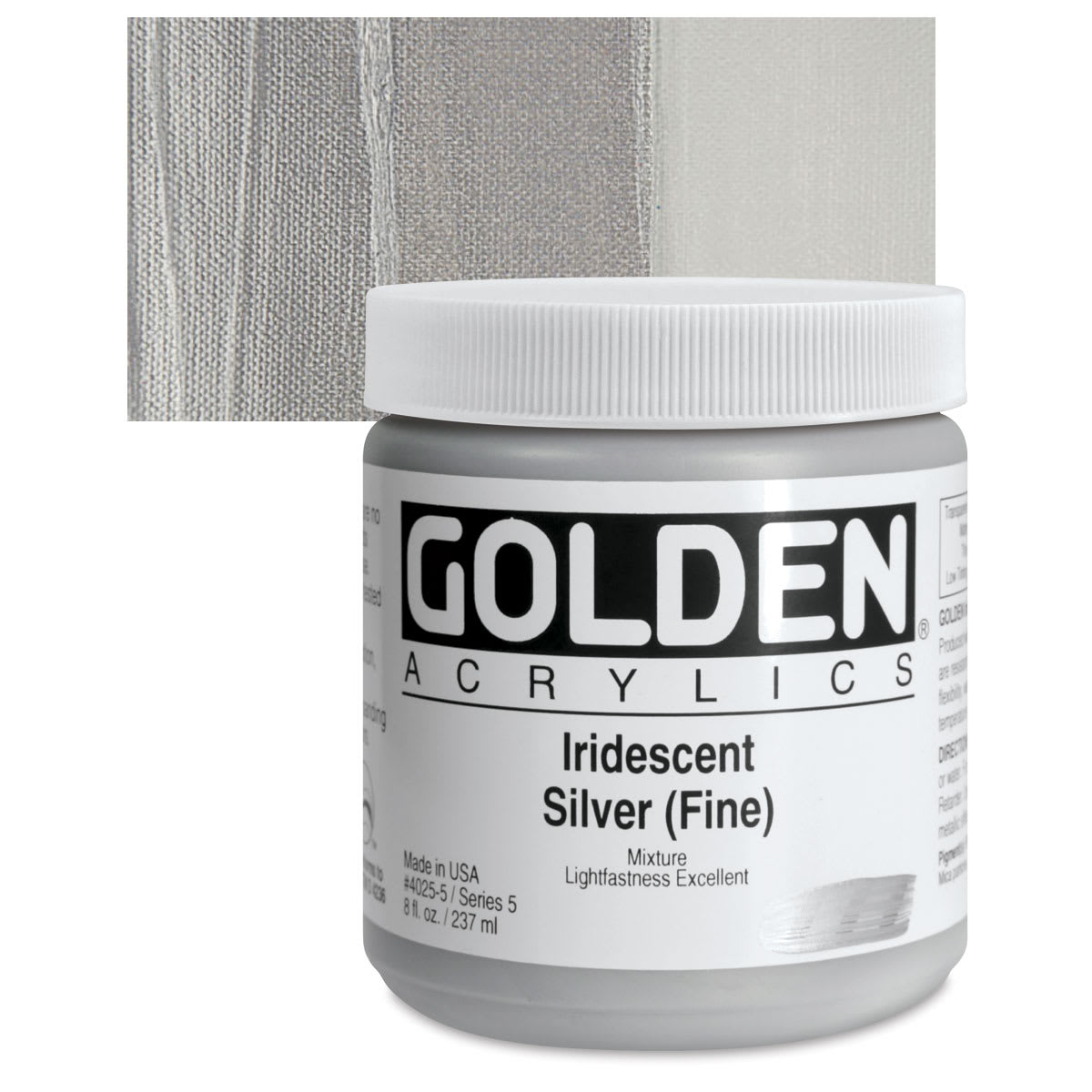Golden Heavy Body Artist Acrylic - Iridescent Silver (Fine), 8 oz jar and swatch