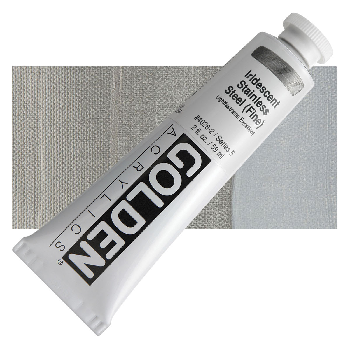 Golden Heavy Body Artist Acrylic - Iridescent Stainless Steel (Fine), 2 oz tube and swatch