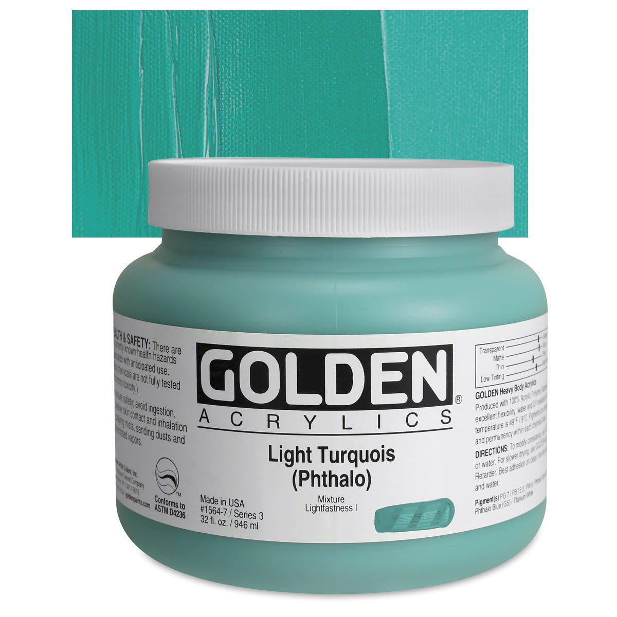 Golden Heavy Body Artist Acrylic - Light Turquoise (Phthalo), 32 oz Jar and swatch