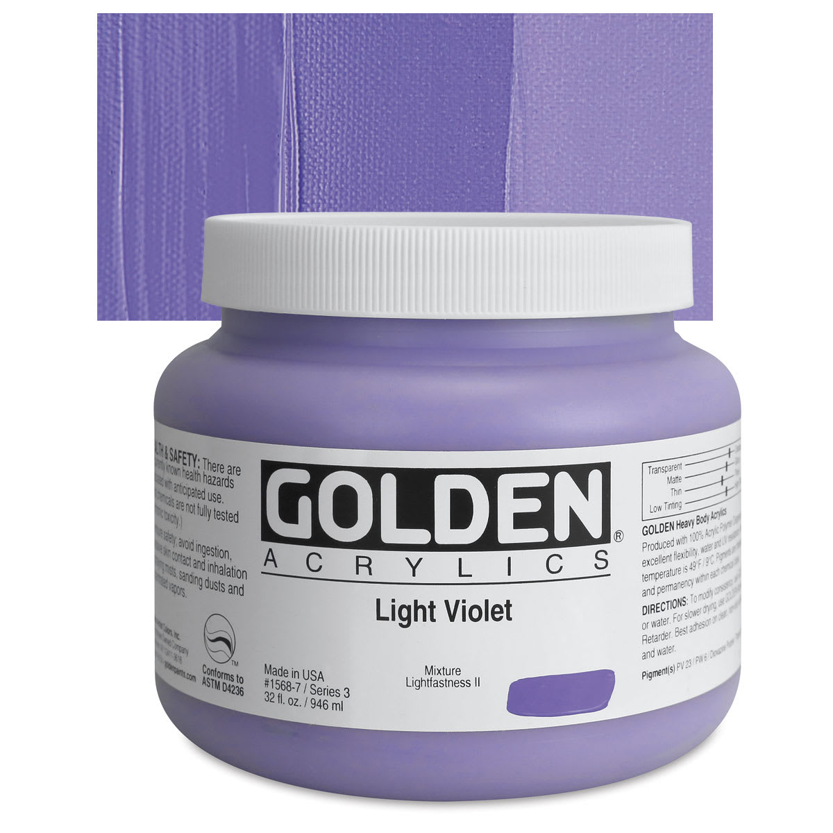 Golden Heavy Body Artist Acrylic - Light Violet, 32 oz jar and swatch