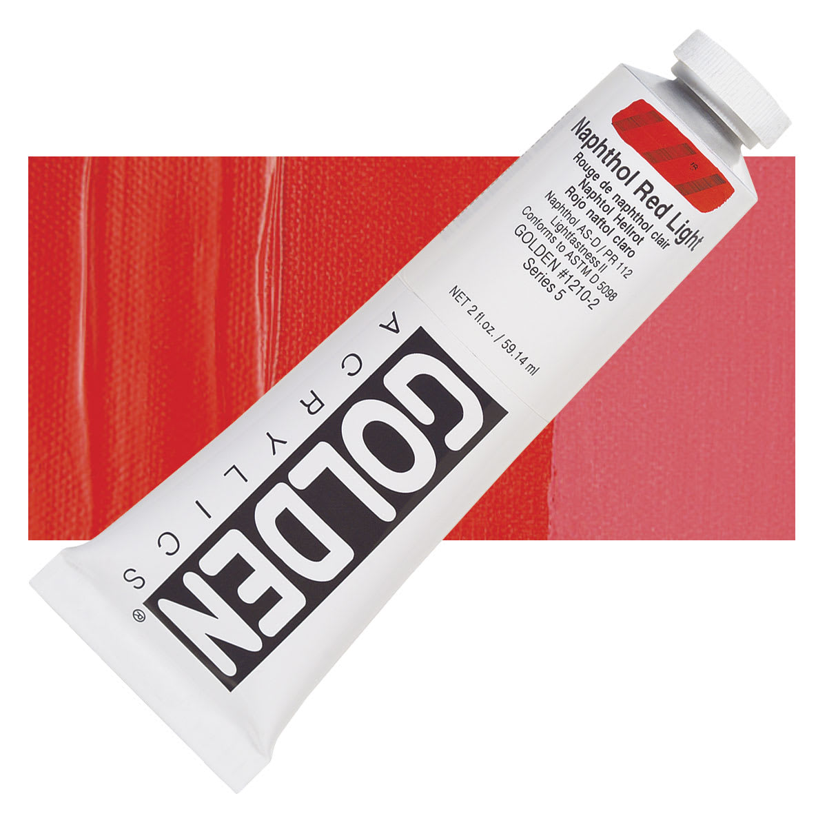 Golden Heavy Body Artist Acrylic - Naphthol Red Light, 2 oz Tube and swatch