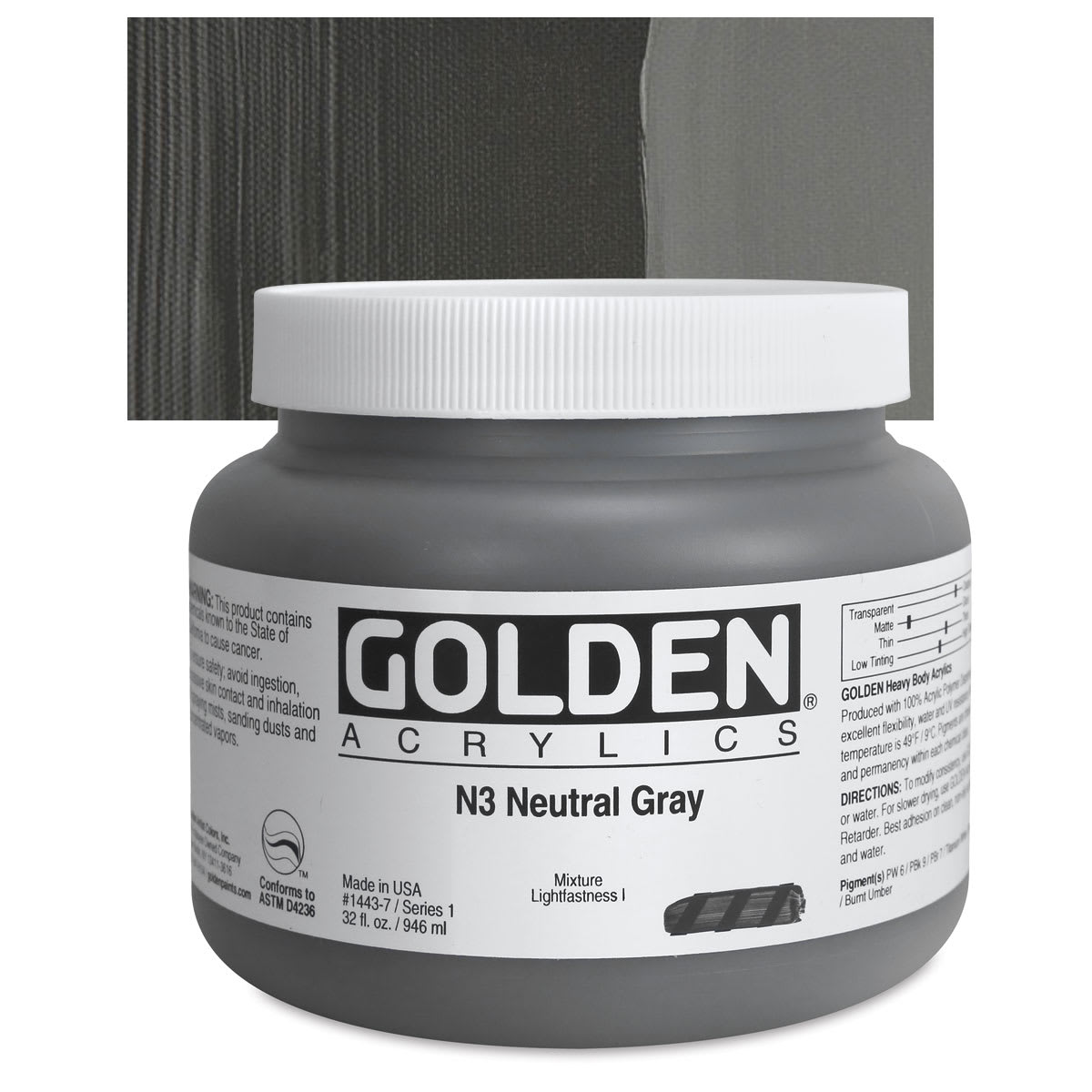 Golden Heavy Body Artist Acrylic - Neutral Gray N3, 32 oz Jar and swatch