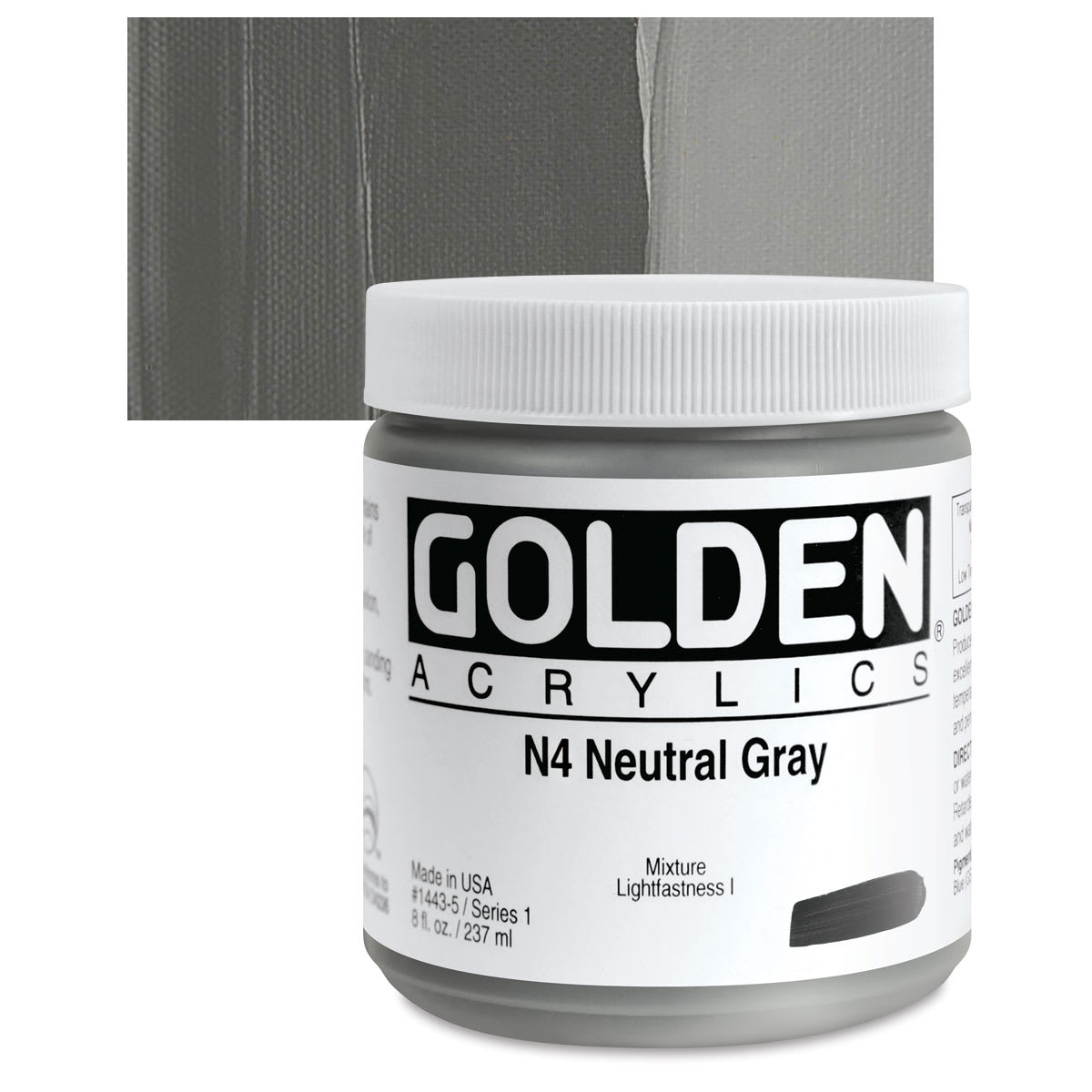 Golden Heavy Body Artist Acrylic - Neutral Gray N4, 8 oz Jar and swatch