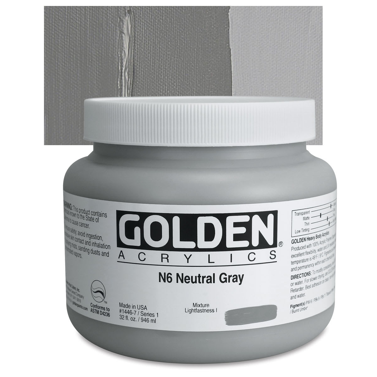 Golden Heavy Body Artist Acrylic - Neutral Gray N6, 32 oz Jar and swatch