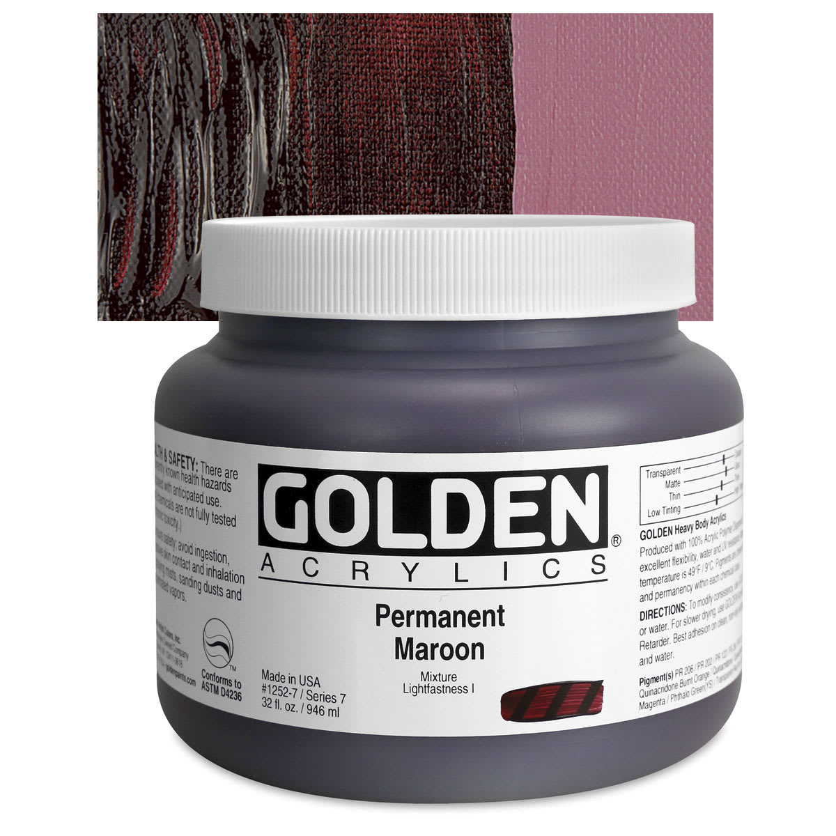 Golden Heavy Body Artist Acrylic - Permanent Maroon, 32 oz Jar and swatch