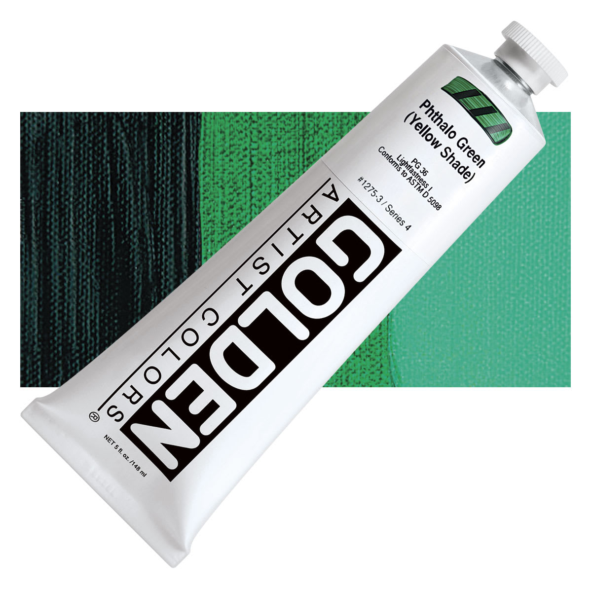 Golden Heavy Body Artist Acrylic - Phthalo Green (Yellow Shade), 5 oz Tube and swatch