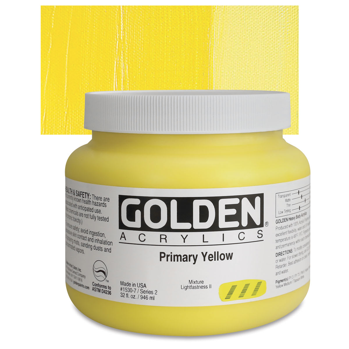 Golden Heavy Body Artist Acrylic - Primary Yellow, 32 oz Jar and swatch