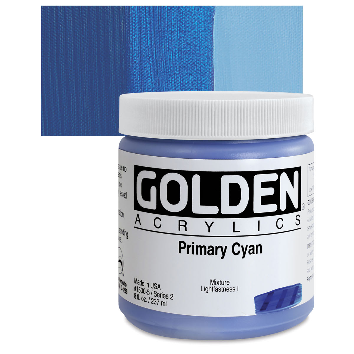 Golden Heavy Body Artist Acrylic - Primary Cyan, 8 oz Jar and swatch