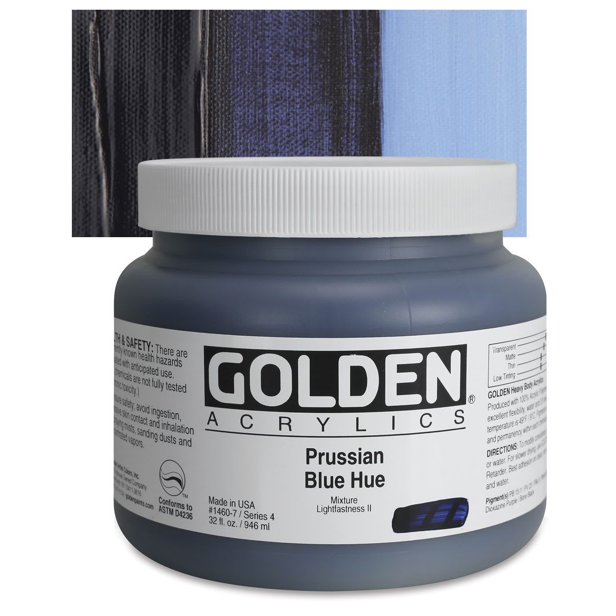 Golden Heavy Body Artist Acrylic - Prussian Blue Hue, 32 oz Jar and swatch