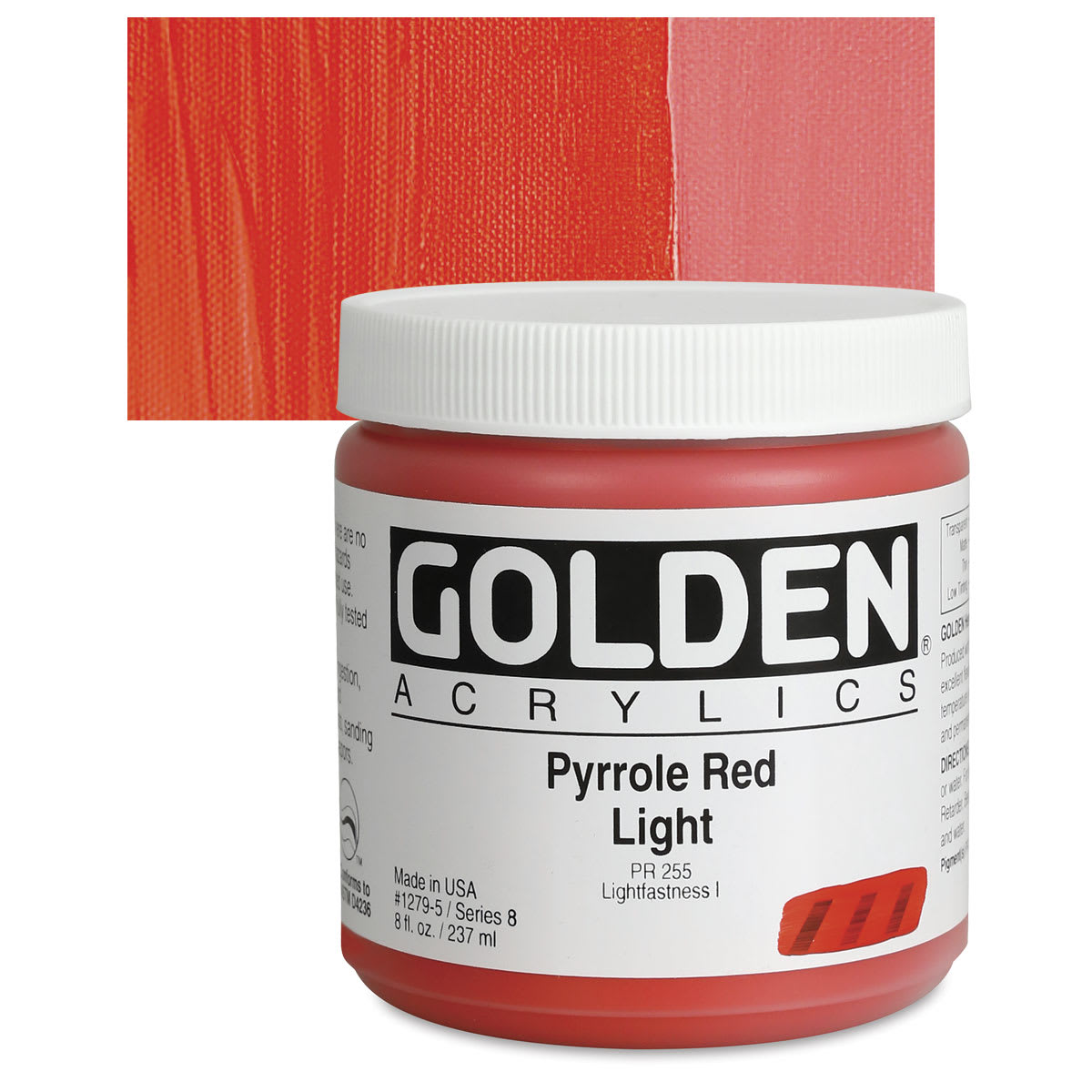 Golden Heavy Body Artist Acrylic - Pyrrole Red Light, 8 oz Jar and swatch