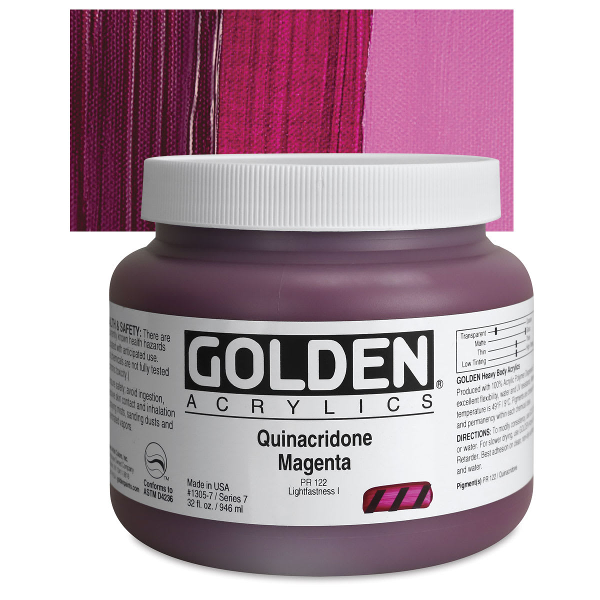 Golden Heavy Body Artist Acrylic - Quinacridone Magenta, 32 oz Jar and swatch