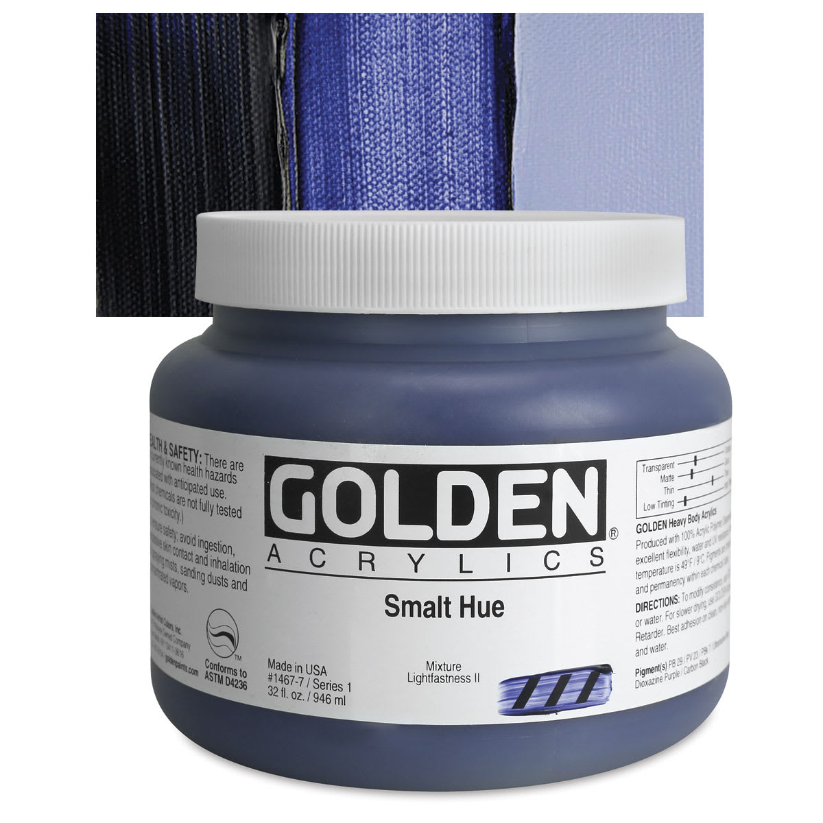 Golden Heavy Body Artist Acrylic - Smalt Historic Hue, 32 oz Jar and swatch
