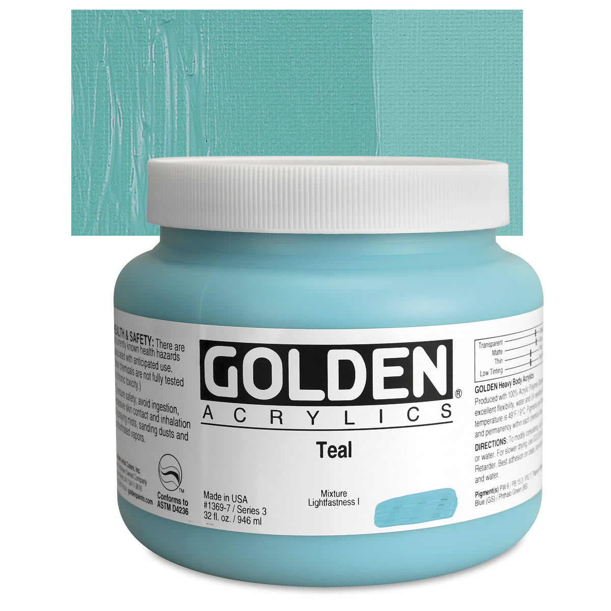 Golden Heavy Body Artist Acrylic - Teal, 32 oz Jar and swatch