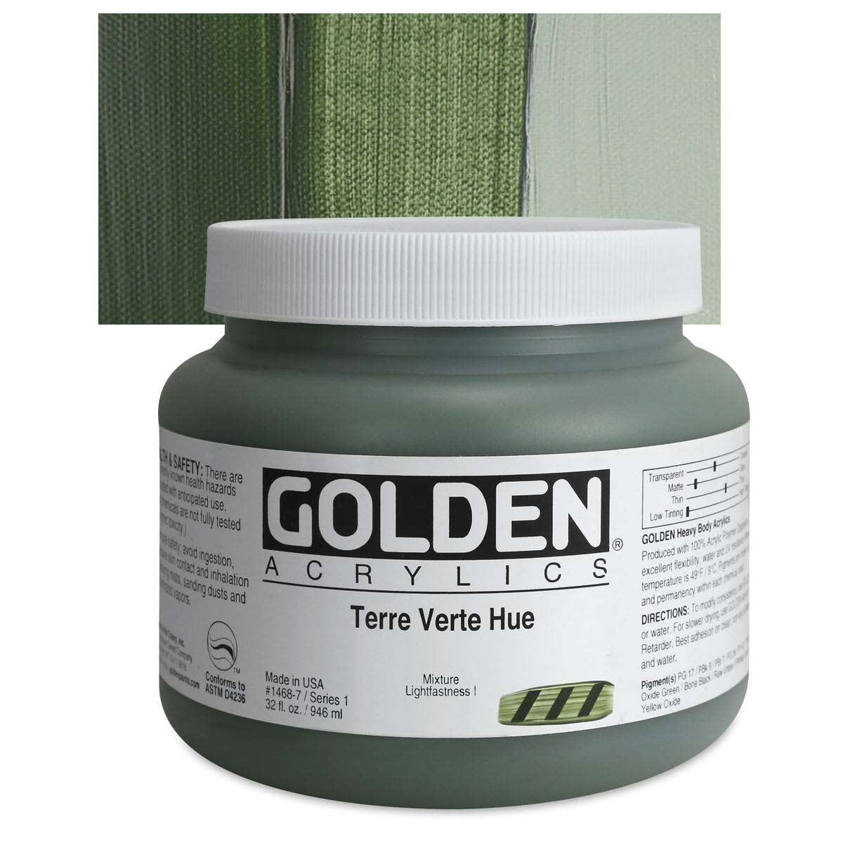 Golden Heavy Body Artist Acrylic - Terre Verte Historic Hue, 32 oz Jar and swatch