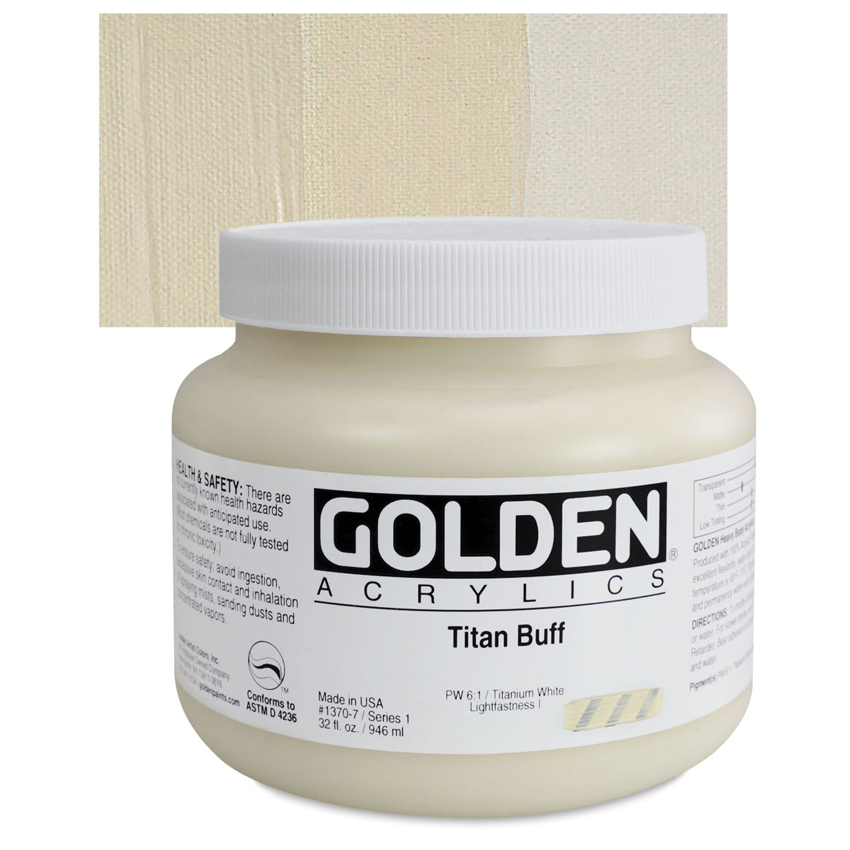 Golden Heavy Body Artist Acrylic - Titanium Buff, 32 oz Jar and swatch