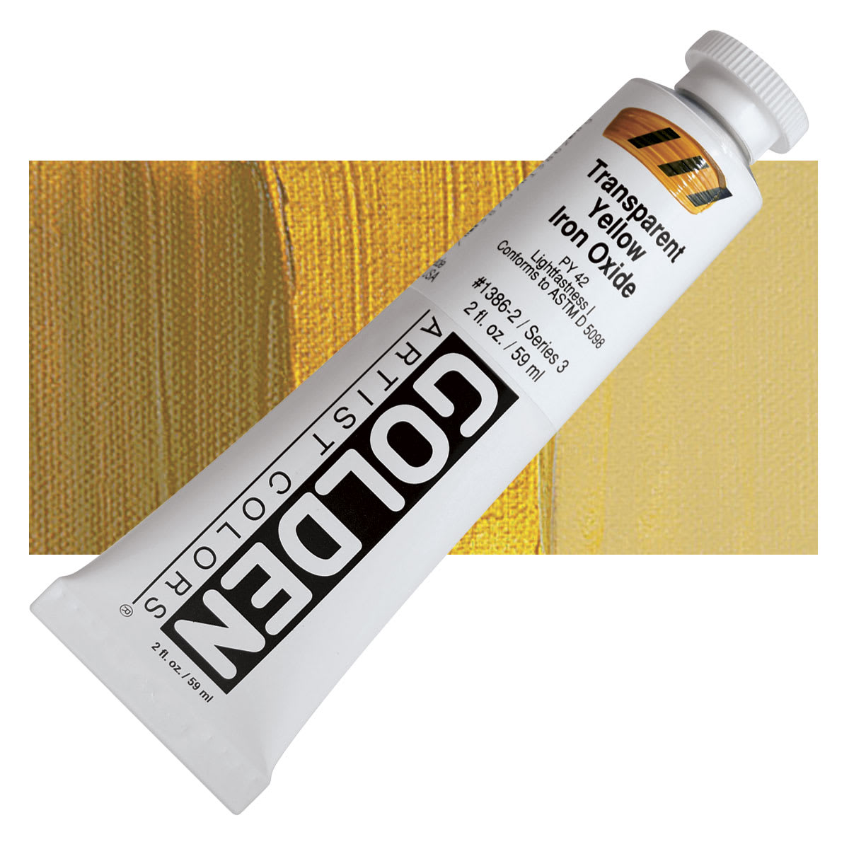 Golden Heavy Body Artist Acrylic - Transparent Yellow Iron Oxide, 2 oz Tube and swatch