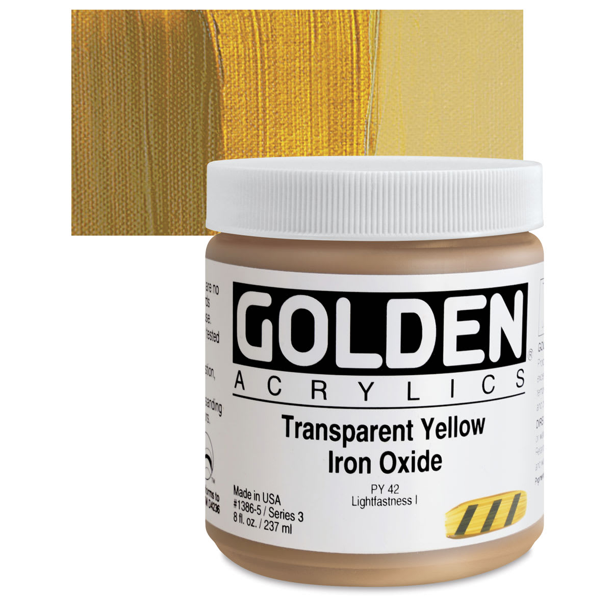 Golden Heavy Body Artist Acrylic - Transparent Yellow Iron Oxide, 8 oz Jar and swatch