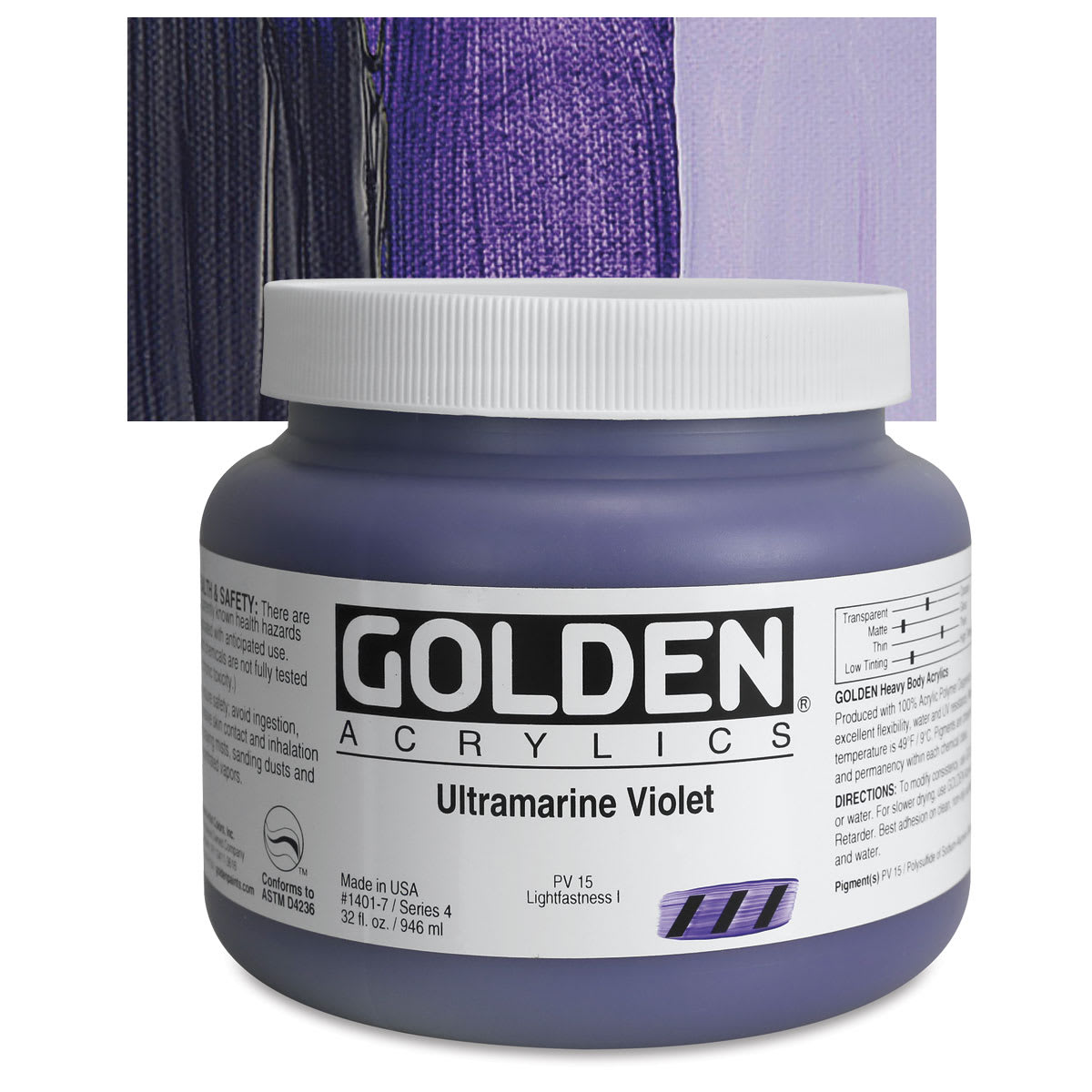Golden Heavy Body Artist Acrylic - Ultramarine Violet, 32 oz jar and swatch