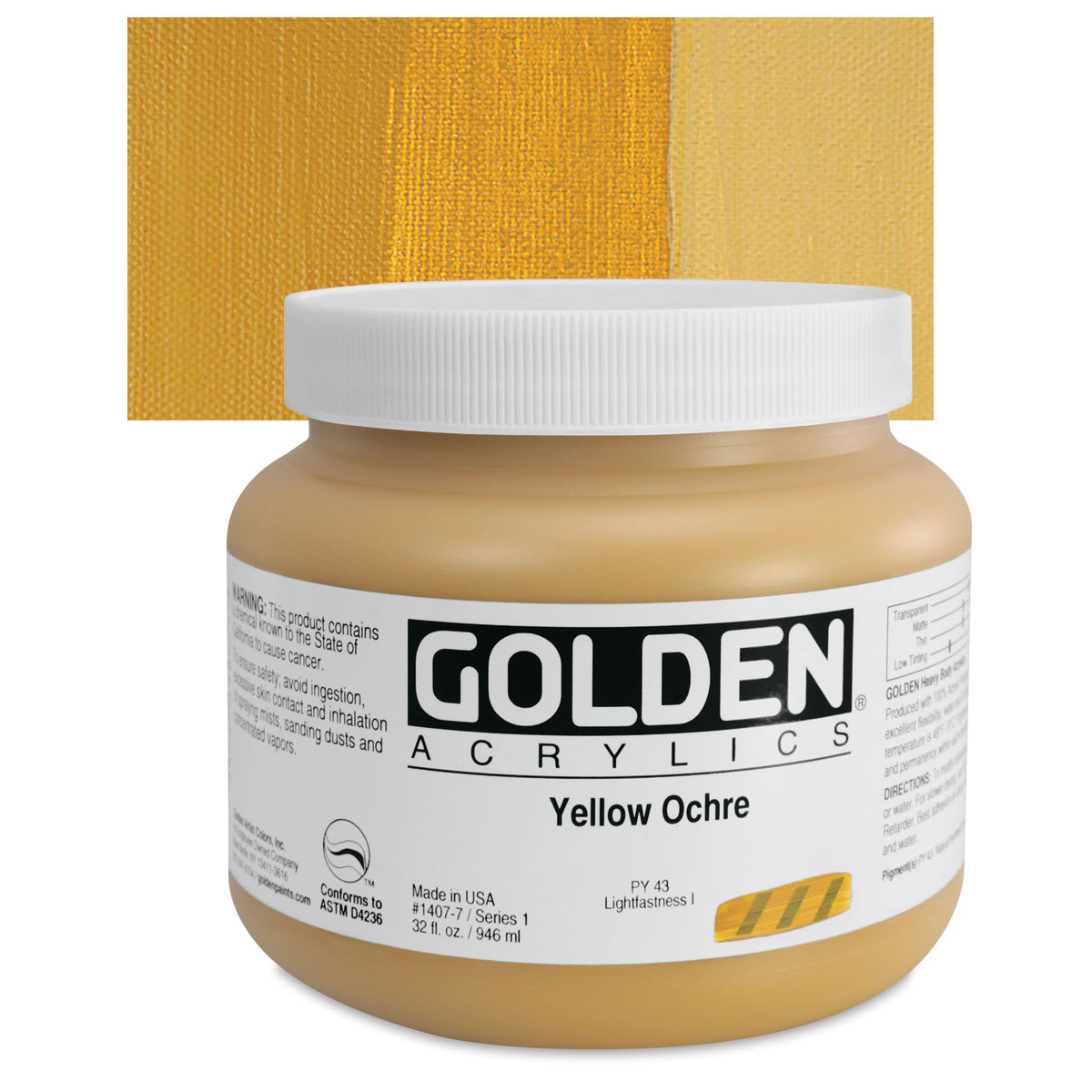Golden Heavy Body Artist Acrylic - Yellow Ochre, 32 oz Jar and swatch