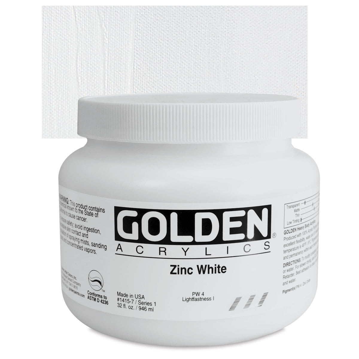 Golden Heavy Body Artist Acrylic - Zinc White, 32 oz Jar and swatch