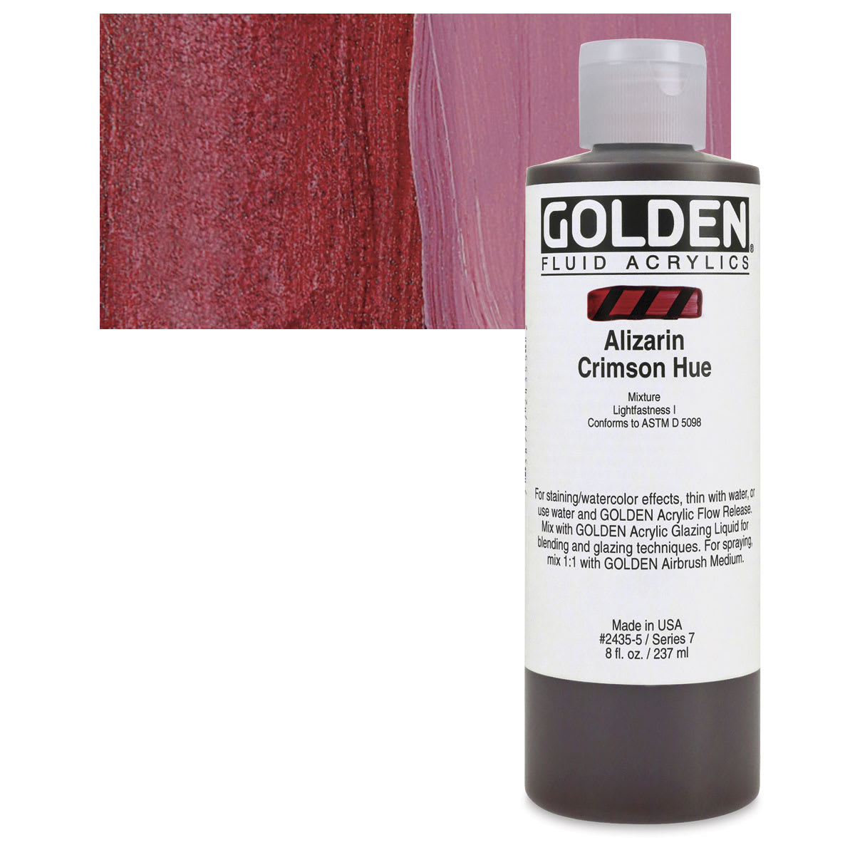 Golden Fluid Acrylic - Alizarin Crimson Hue, 8 oz bottle and swatch