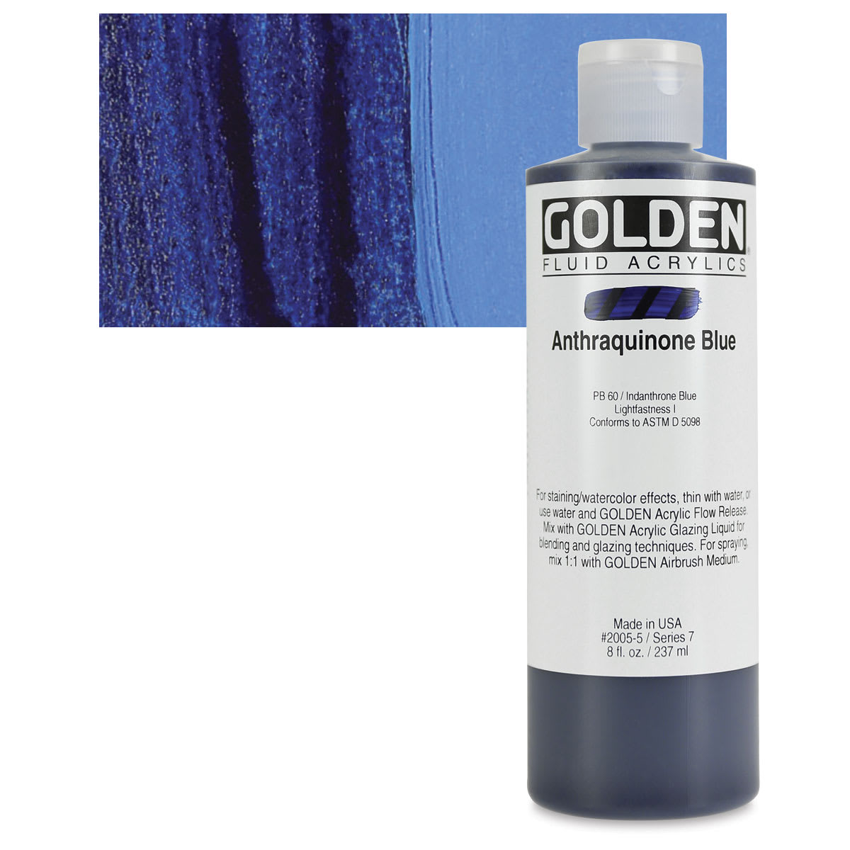 Golden Fluid Acrylic - Anthraquinone Blue, 8 oz bottle and swatch
