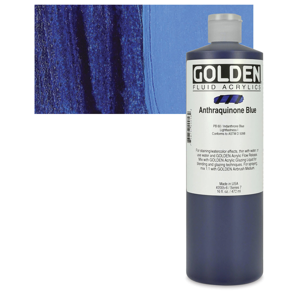 Golden Fluid Acrylic - Anthraquinone Blue, 16 oz bottle and swatch
