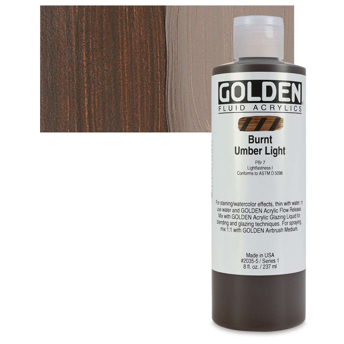 Golden Fluid Acrylic - Burnt Umber Light, 8 oz bottle and swatch