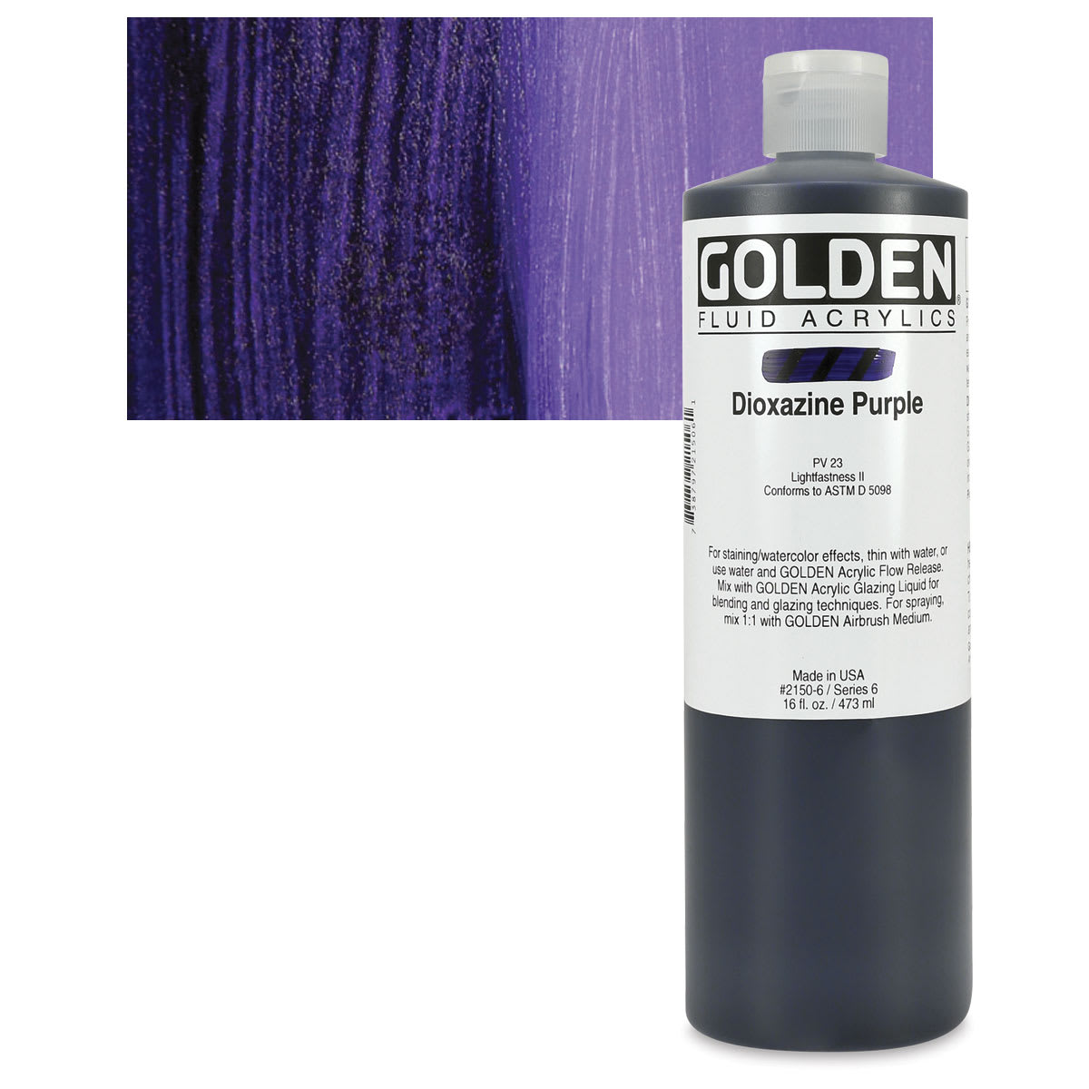 Golden Fluid Acrylic - Dioxazine Purple, 16 oz bottle and swatch