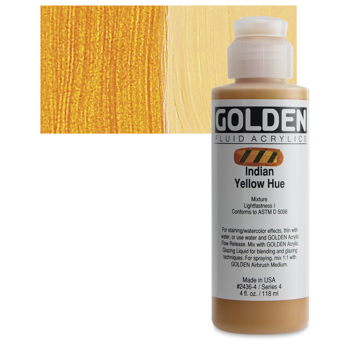 Golden Fluid Acrylic - Indian Yellow Historical Hue, 4 oz bottle and swatch