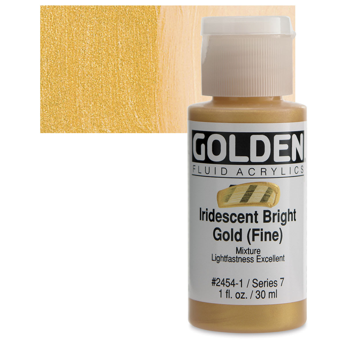 Golden Fluid Acrylic - Iridescent Bright Gold (Fine), 1 oz bottle and swatch