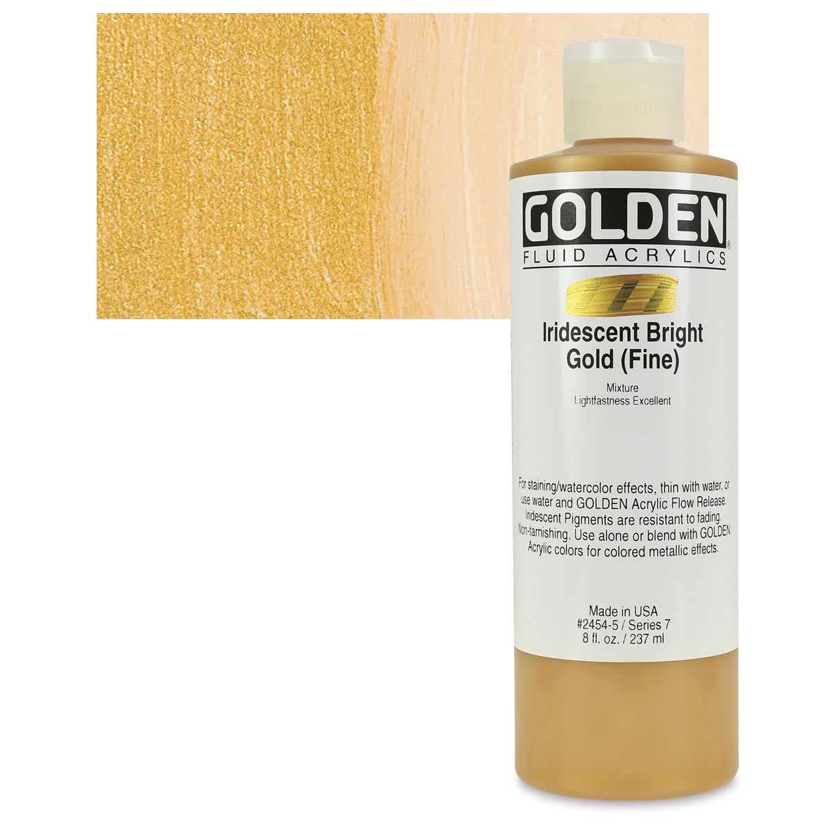 Golden Fluid Acrylic - Iridescent Bright Gold (Fine), 8 oz bottle and swatch