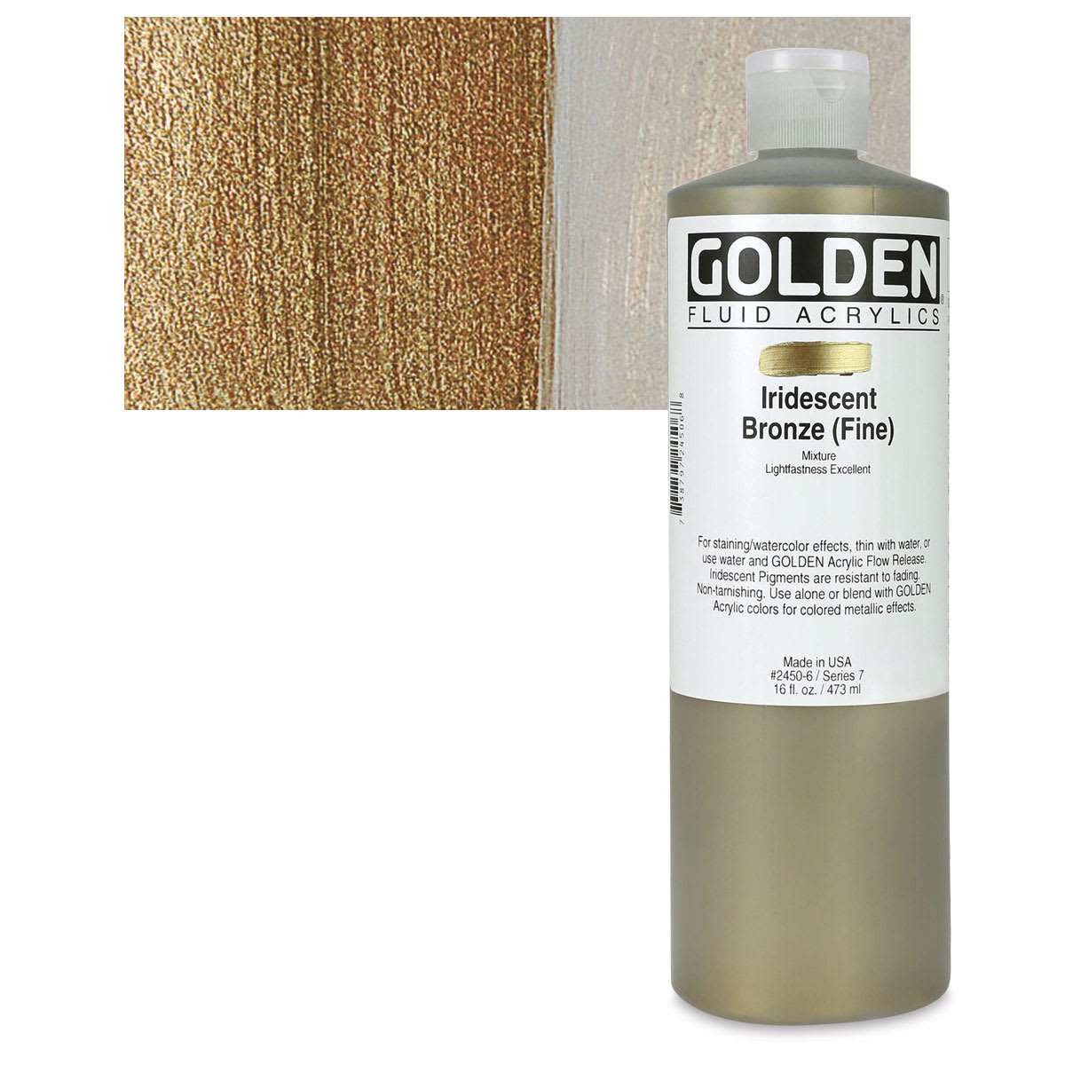 Golden Fluid Acrylic - Iridescent Bronze (Fine), 16 oz bottle and swatch