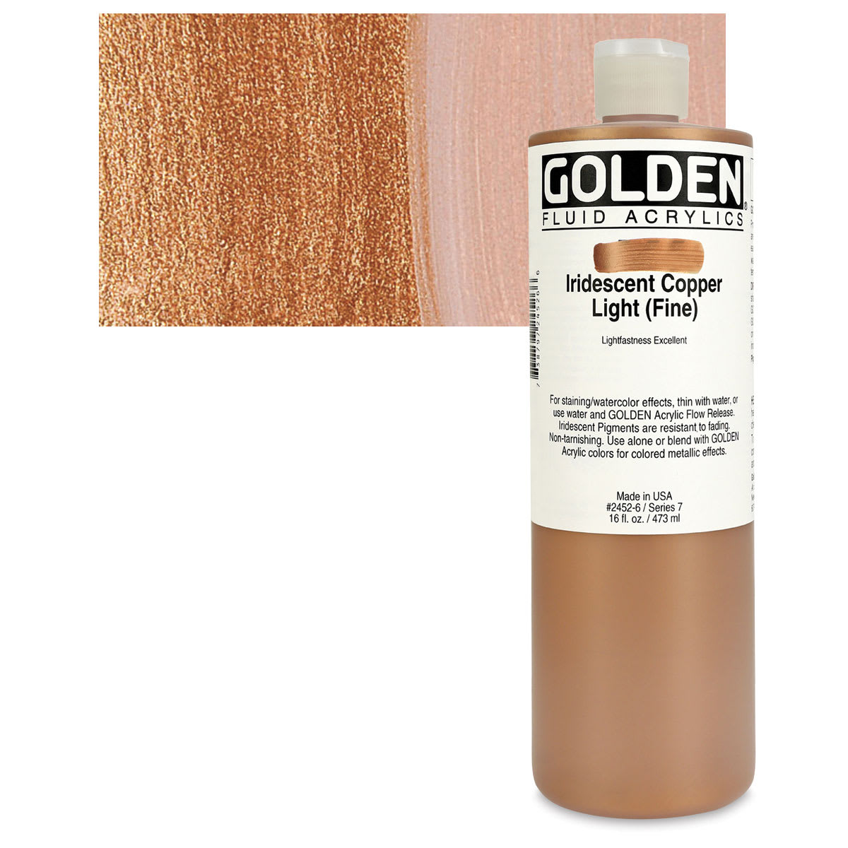 Golden Fluid Acrylic - Iridescent Copper Light (Fine), 16 oz  bottle and swatch