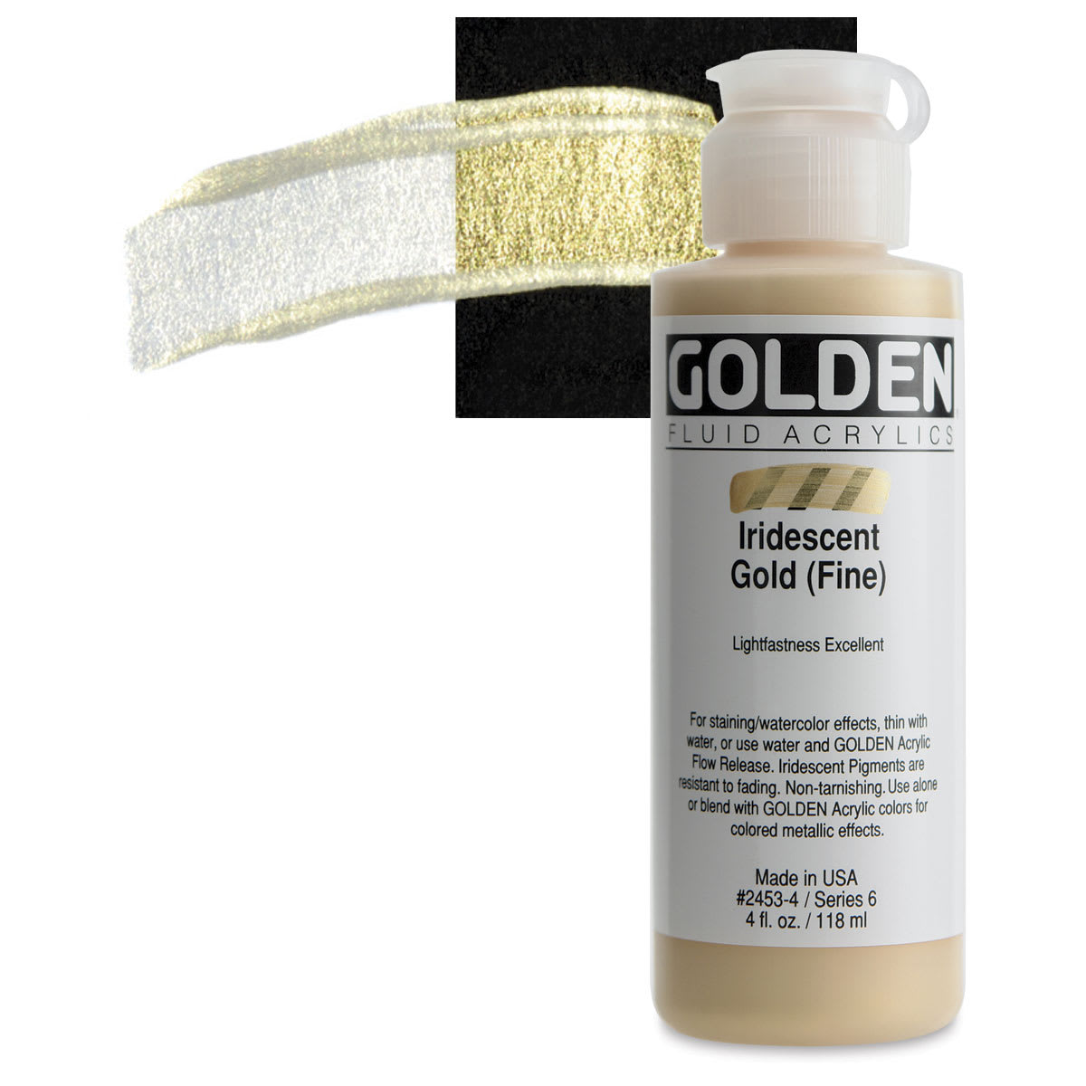 Golden Fluid Acrylic - Iridescent Gold (Fine), 4 oz bottle and swatch