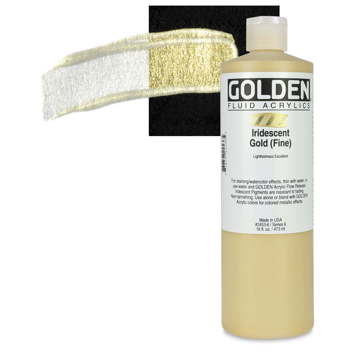 Golden Fluid Acrylic - Iridescent Gold (Fine), 16 oz bottle and swatch