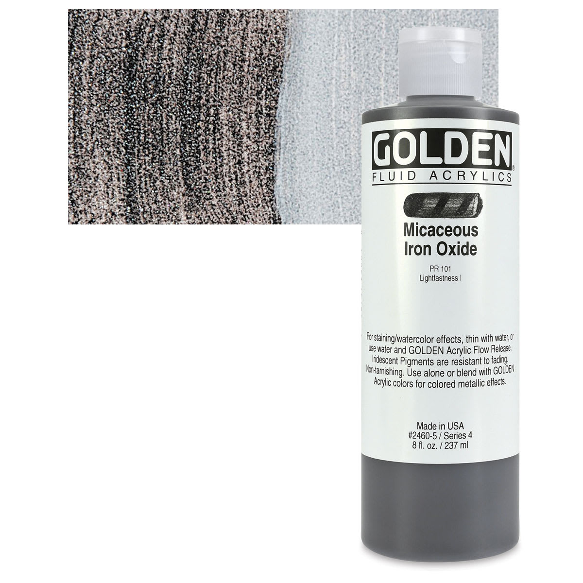 Golden Fluid Acrylic - Iridescent Micaceous Iron Oxide, 8 oz bottle and swatch