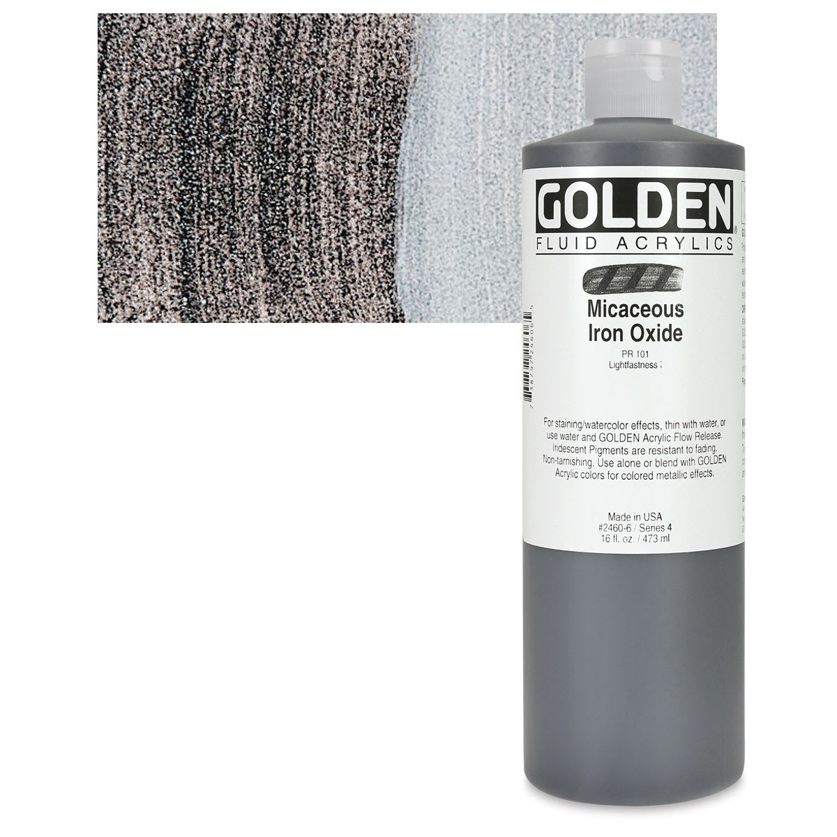 Golden Fluid Acrylic - Iridescent Micaceous Iron Oxide, 16 oz bottle and swatch