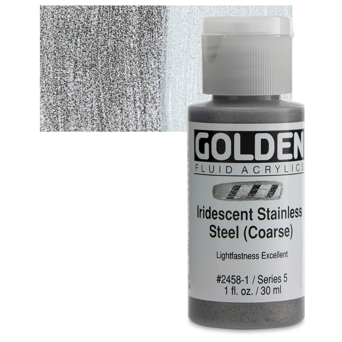 Golden Fluid Acrylic - Iridescent Stainless Steel, 1 oz bottle and swatch