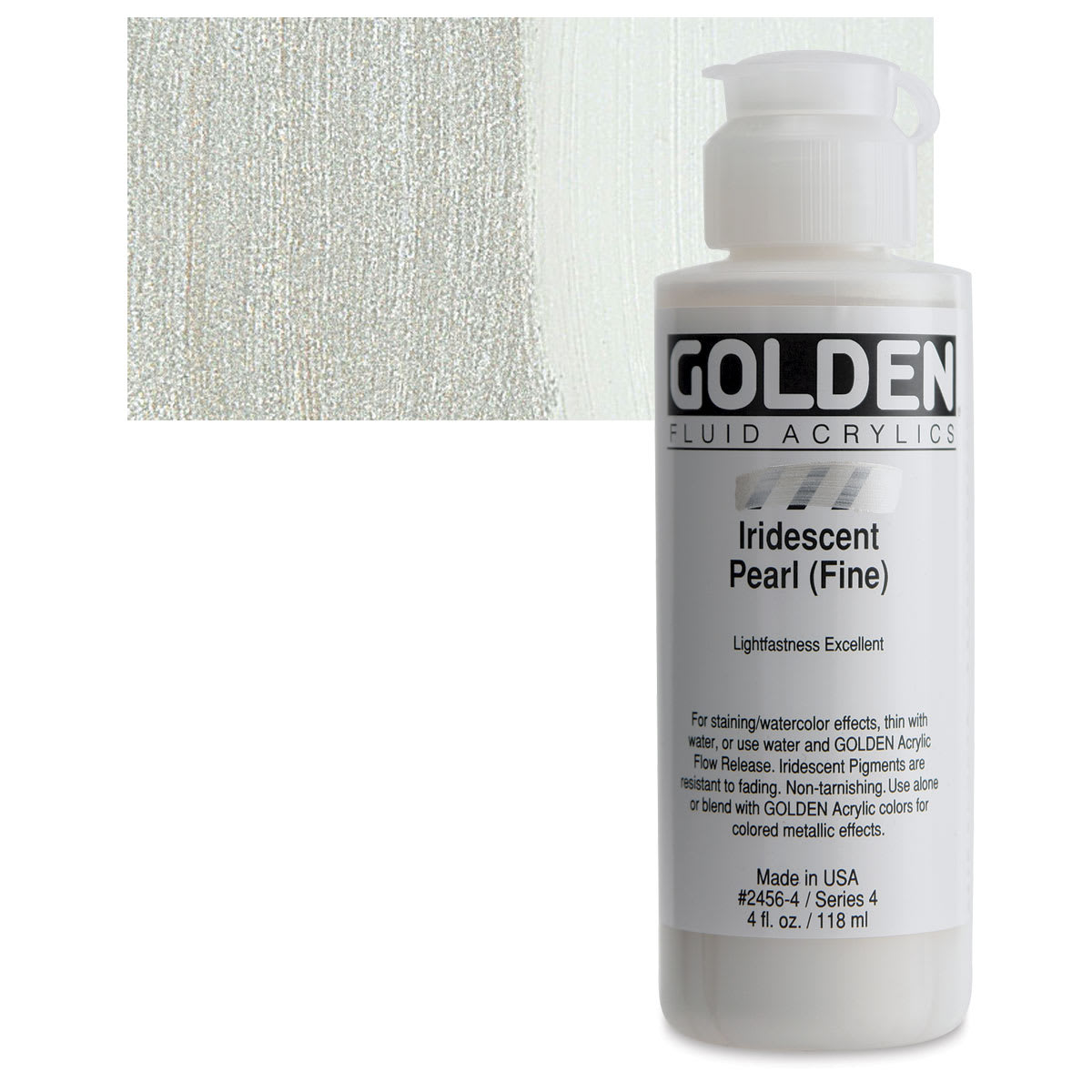 Golden Fluid Acrylic - Iridescent Pearl (Fine), 4 oz bottle and swatch