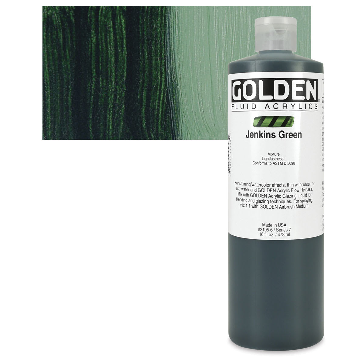 Golden Fluid Acrylic - Jenkins Green, 16 oz bottle and swatch