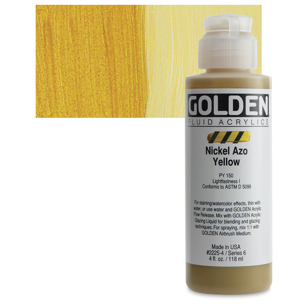 Golden Fluid Acrylic - Nickel Azo Yellow, 4 oz bottle and swatch