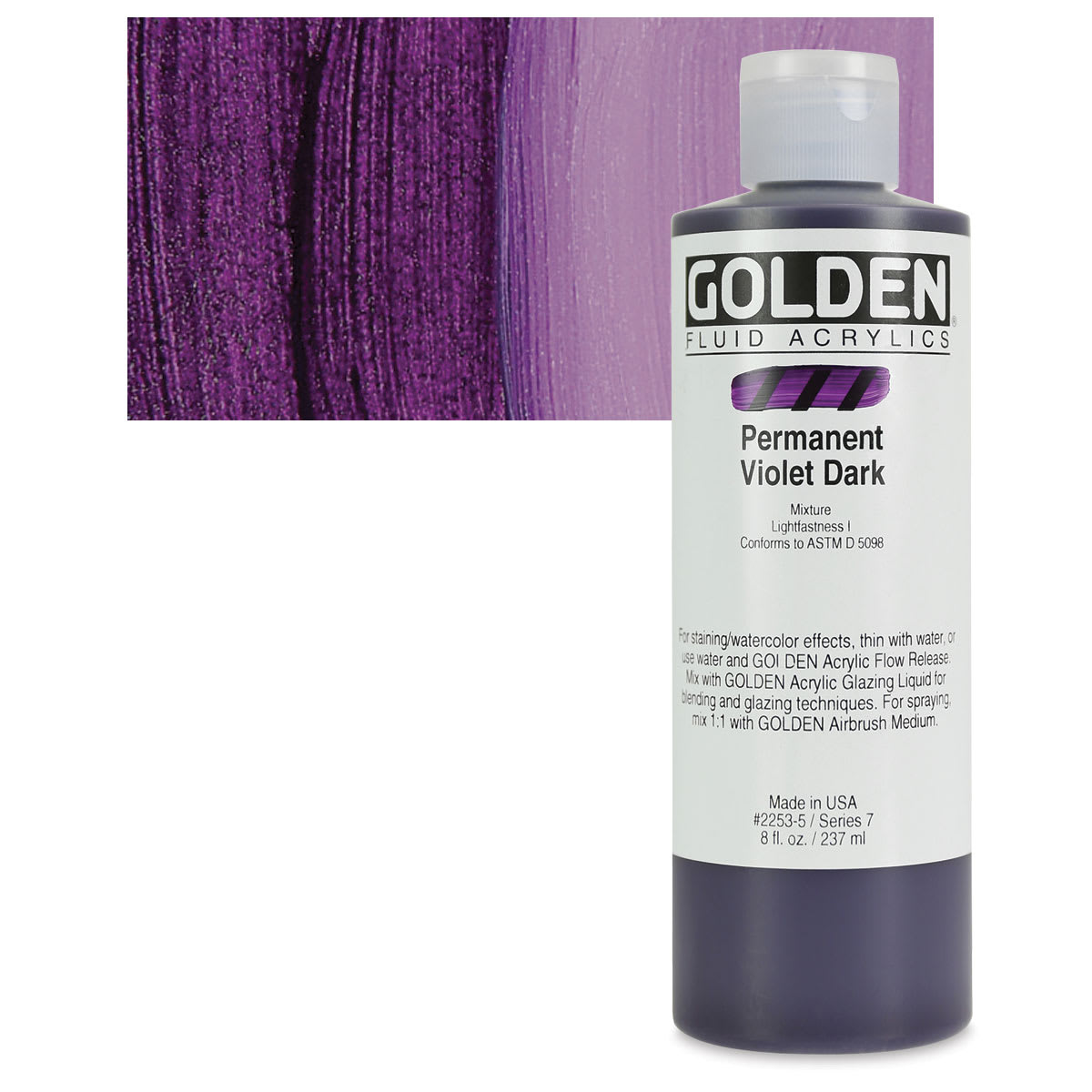 Golden Fluid Acrylic - Permanent Violet Dark, 8 oz bottle and swatch