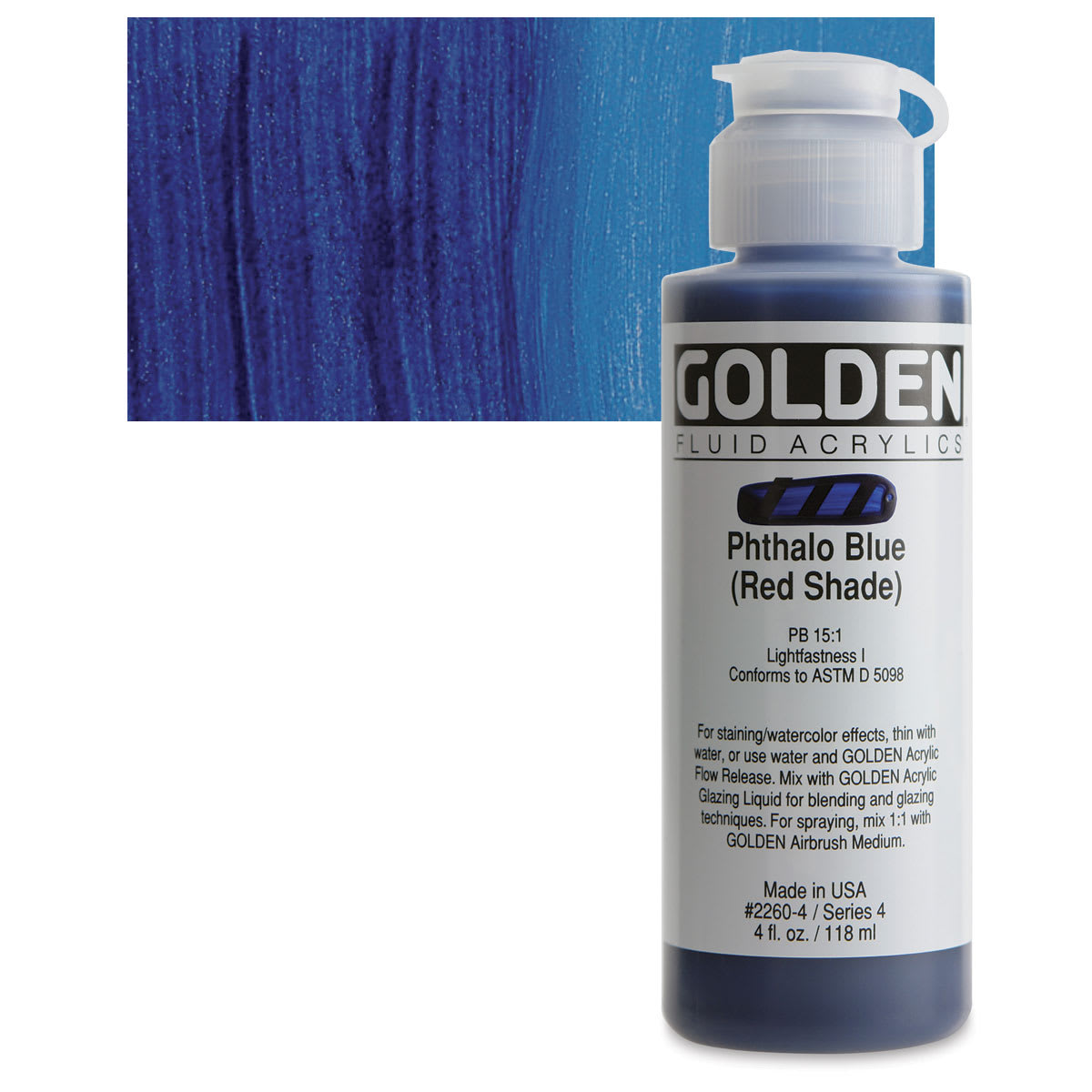 Golden Fluid Acrylic - Phthalo Blue (Red Shade), 4 oz bottle and swatch